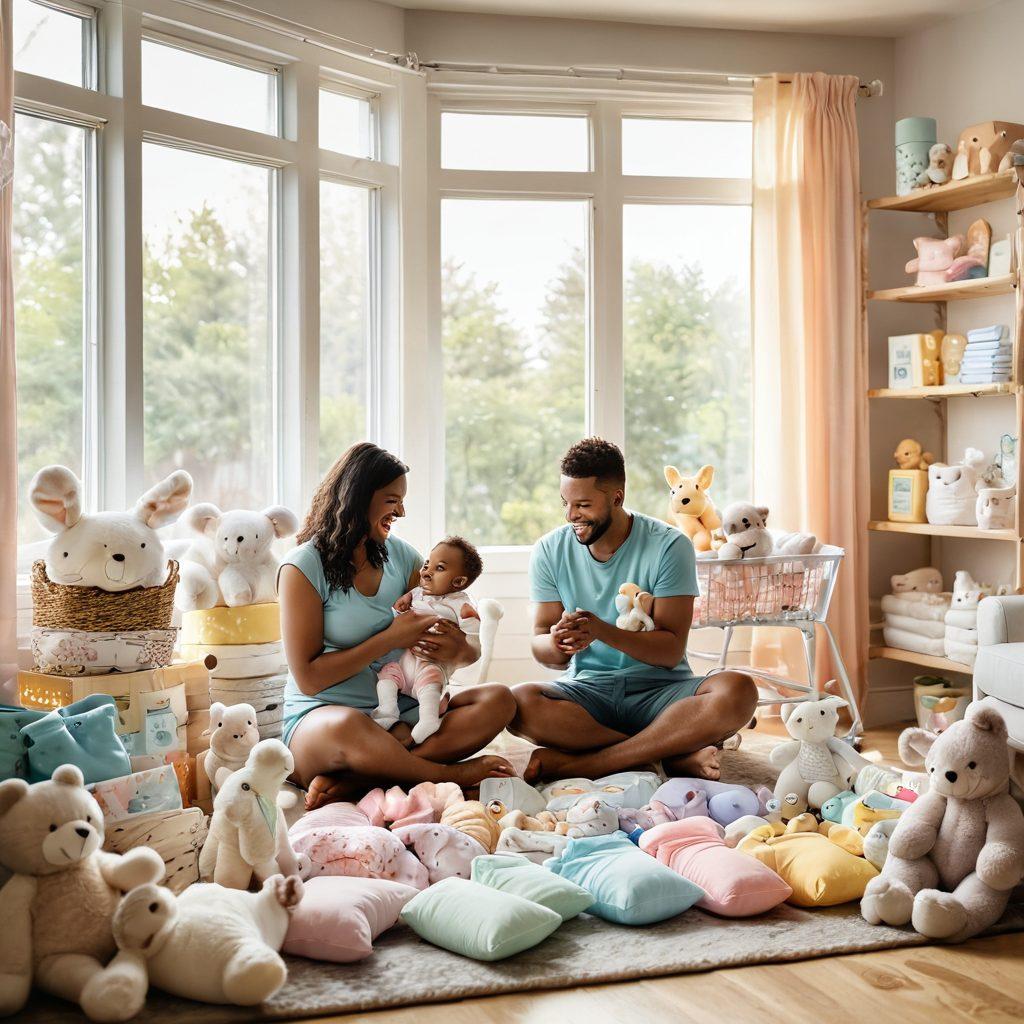 A joyful scene of new parents celebrating surrounded by an array of vibrant baby products, including diapers, toys, and clothes with price tags showing 'Free'. Enveloping them are soft pastel colors and playful baby animals, embodying warmth and happiness. The background features a welcoming nursery setting with sunlight streaming through the window, suggesting a world of possibilities for new families. whimsical art style. vibrant colors. soft focus.
