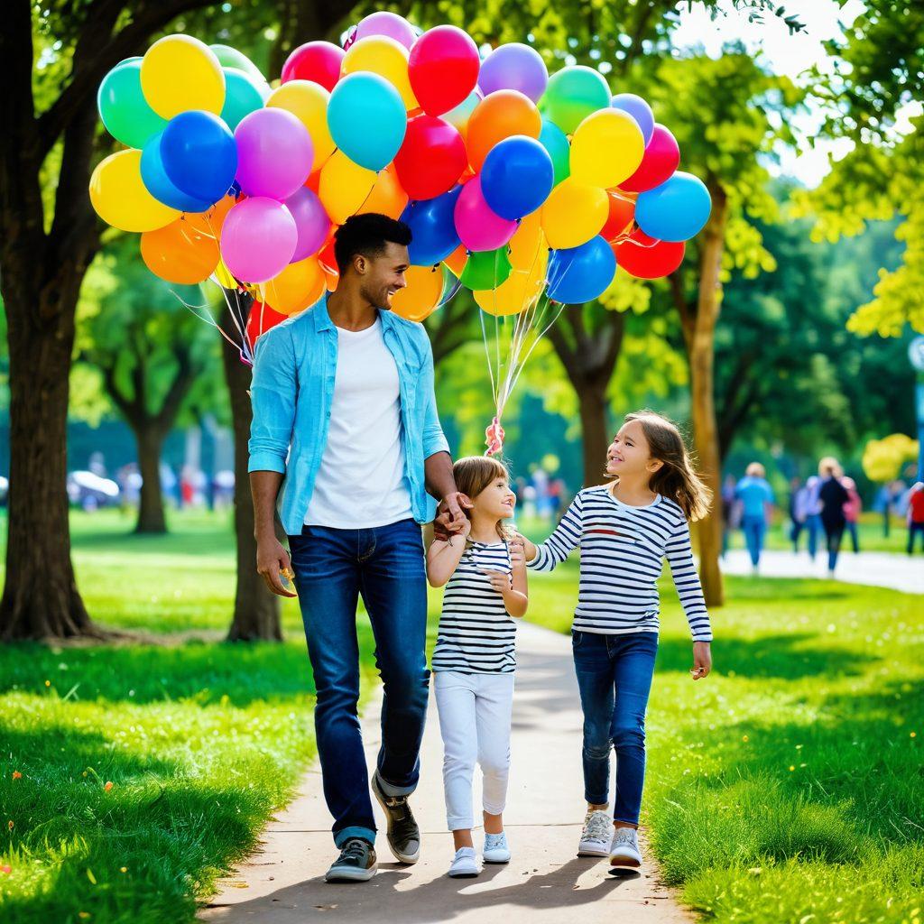 A cheerful parent and child exploring a vibrant park filled with colorful balloons and playful animals. Surrounding them are signs showcasing various free offers and discounts for families, like 'Kids Eat Free' and 'Free Play Days'. The atmosphere should feel bright and joyful, capturing the essence of parenting perks. The scene should include playful interactions between the parent and child, radiating happiness. vibrant colors. super-realistic.