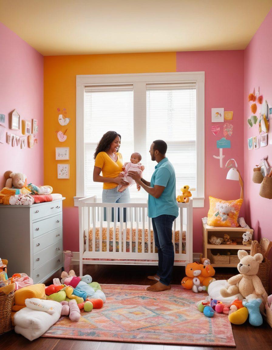 A joyful scene of new parents celebrating with their baby in a bright, cozy nursery filled with vibrant baby items like toys, diapers, and clothing. Incorporate promotional tags that suggest savings and deals, with playful graphics like percentage signs and dollar signs floating around. Ensure the atmosphere feels warm and inviting, emphasizing the joy of parenting along with the benefits of savings. super-realistic. vibrant colors. soft lighting.